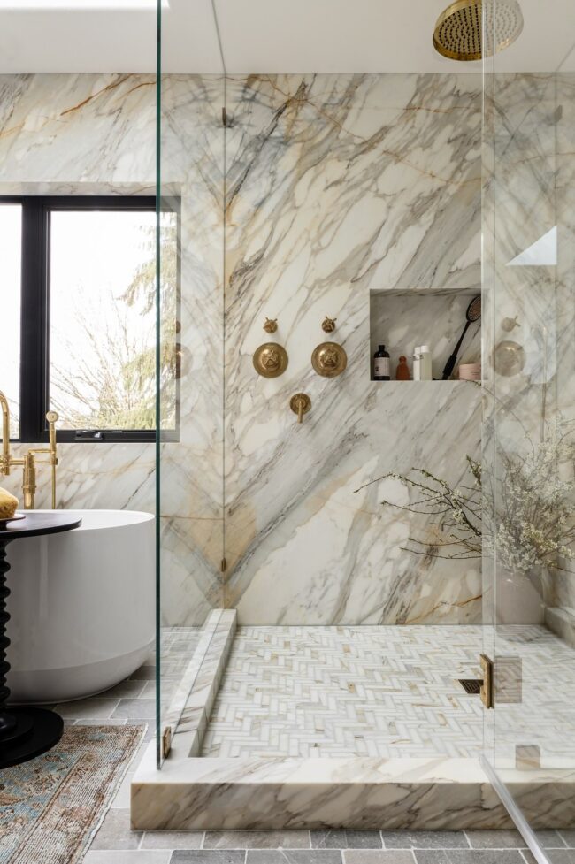 Gold-Touched Calacatta Marble Shower