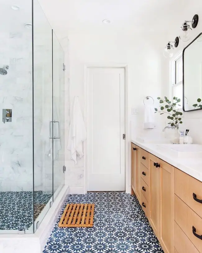 Bold Blue Tiling Contrasted with Warm Wood