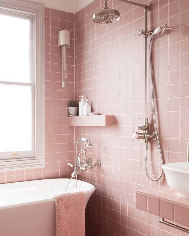 Soft Pink Tiled Bathroom with Retro Fixtures