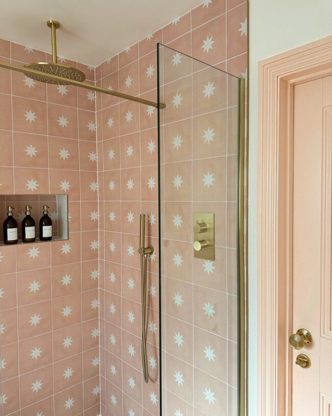 Pink Shower Featuring a Starry Tile Design