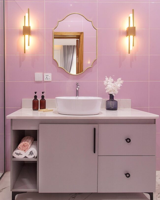 Modern Pink Vanity with a Touch of Gold