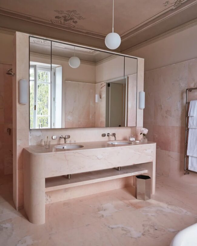 Elegant Double Vanity in Soft Blush Marble