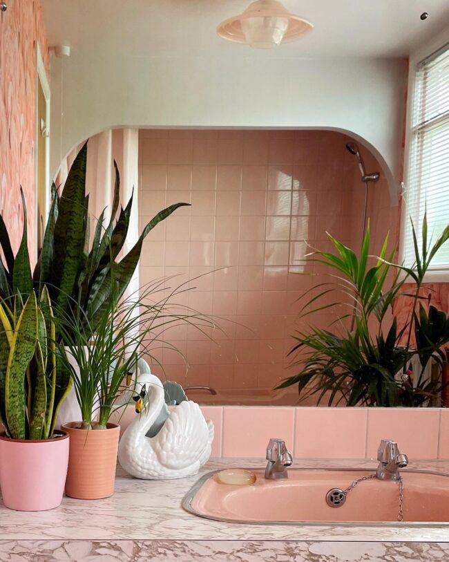 Retro Pink Bathroom Enhanced by Tropical Plants