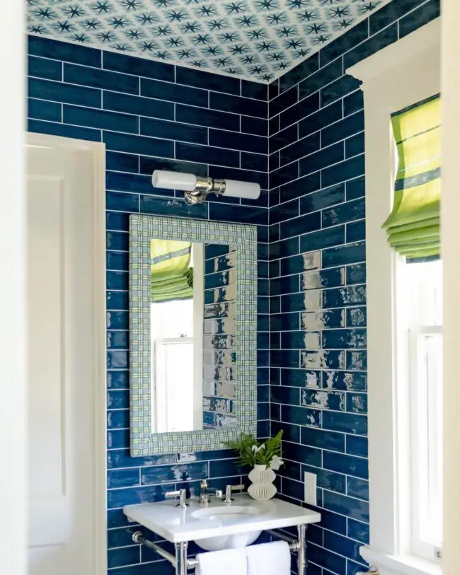 Navy Tiles and a Patterned Ceiling Feature