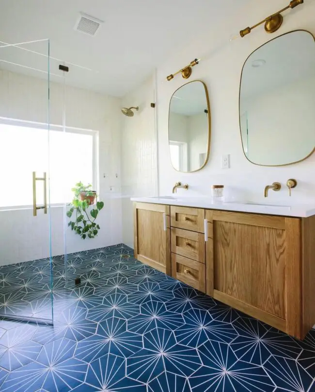 Bold Blue Geometric Tiles and Wooden Vanity