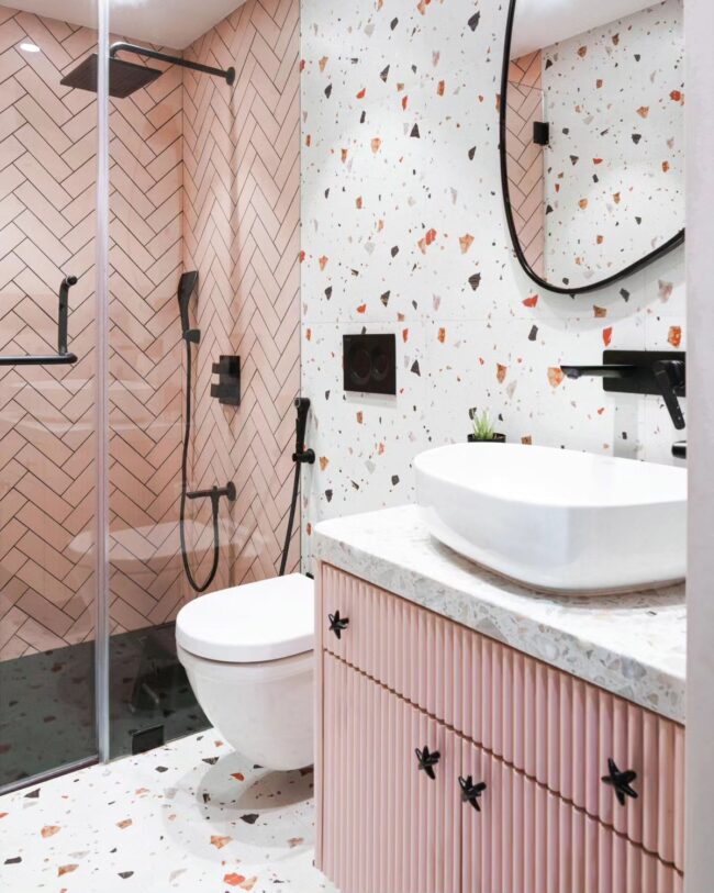 Terrazzo and Chevron Patterns in Pink Bathroom Design