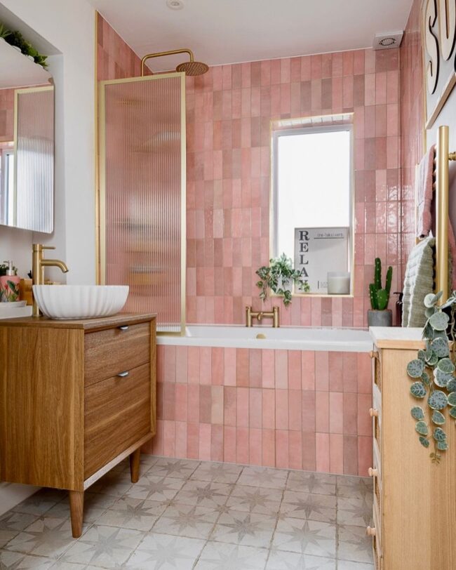 Pink and Wood Bathroom with Vertical Tiling