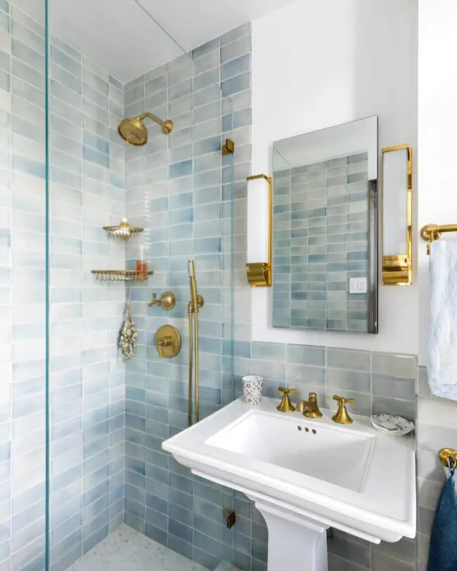 Elegant Gold and Soft Blue Bathroom Vibes