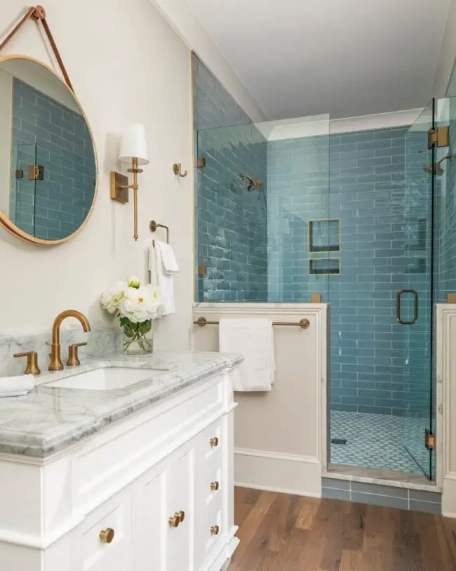 Soft Blue Subway Tiles with Marble Detailing