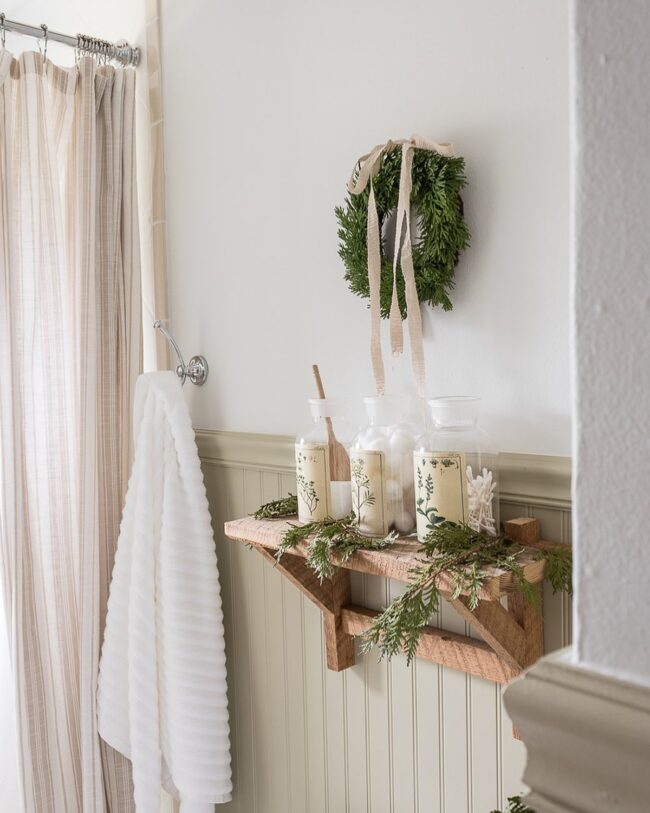 Farmhouse Shelf Decor with Holiday Flair