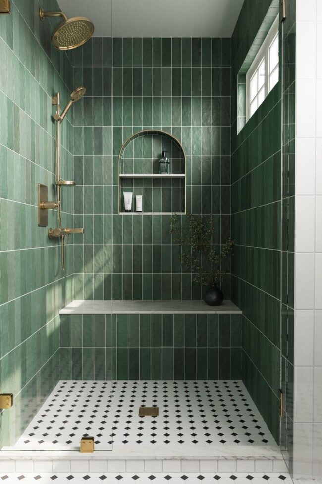 Bold Green Tiles with Luxe Brass Fixtures