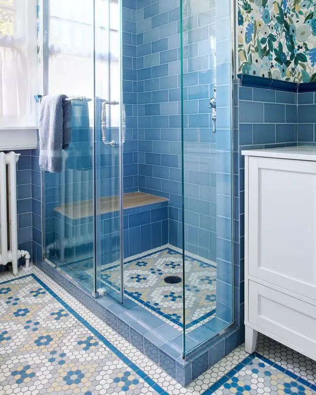 Vintage-Inspired Blue Shower Design