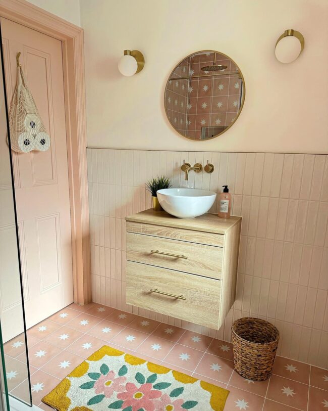 Soft Pink Vanity with Star-Patterned Tiles