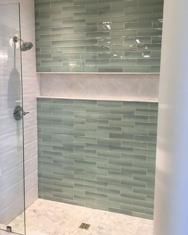 Soft Green Subway Tiles with Marble Highlights