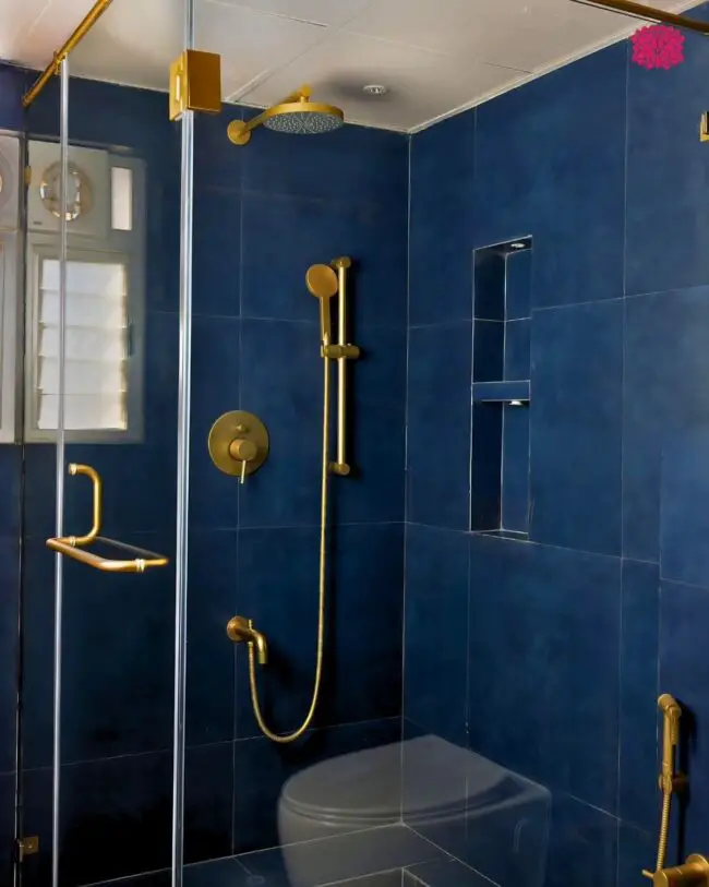 Navy Blue Shower with Golden Fixtures