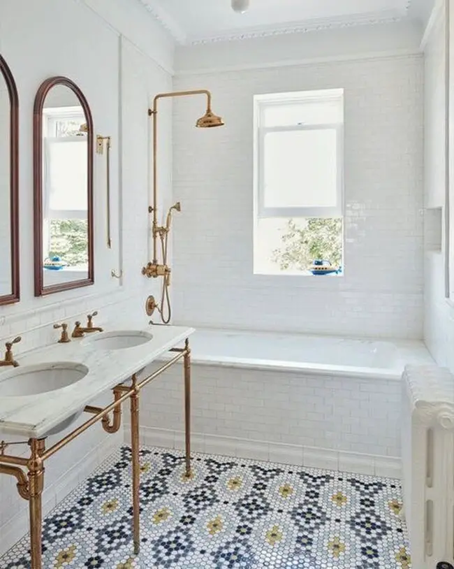 Floral Mosaic Floors Paired with Timeless Fixtures