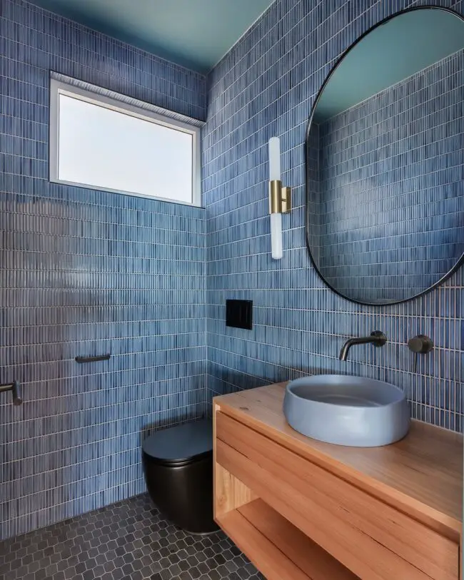 Vertical Blue Tiles with Wooden Accents