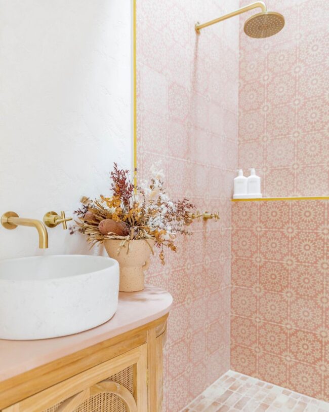 Boho Pink Shower with Floral-Tiled Walls