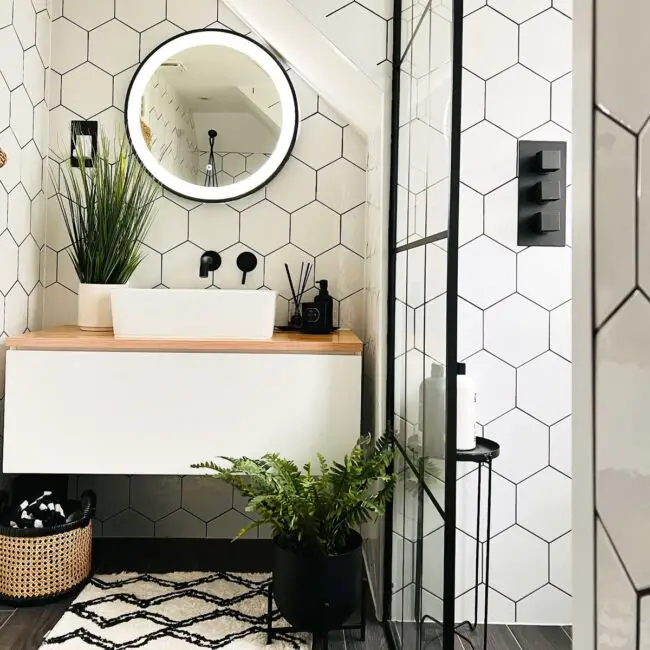 Geometric Bathroom Design with Green Accents