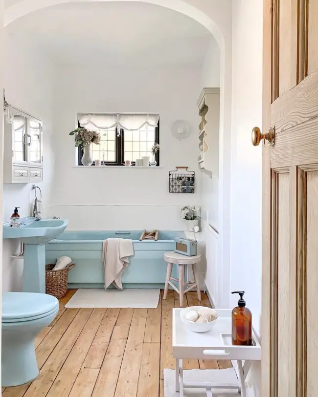 Soft Blue Farmhouse Bathroom Design